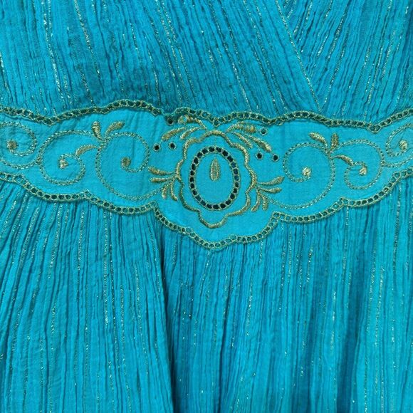 Vintage 80’s Gauze Teal w/Gold Embroidery Metallic Details Dress/Swim Cover Up - Picture 4 of 8